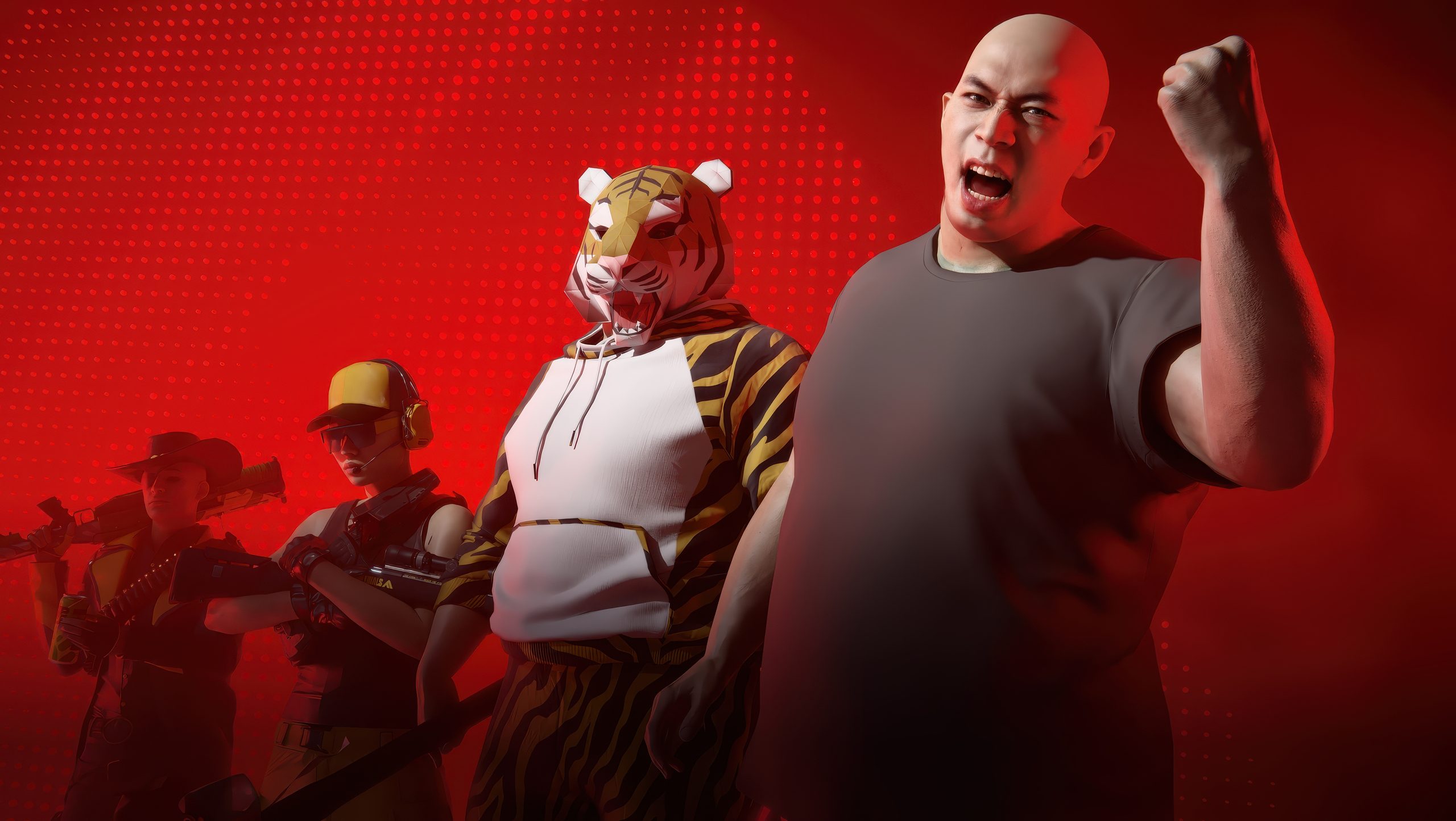 Un groupe de personnages de THE FINALS, dont un portant un sweat à capuche tigré, posent sur un fond rouge vif.