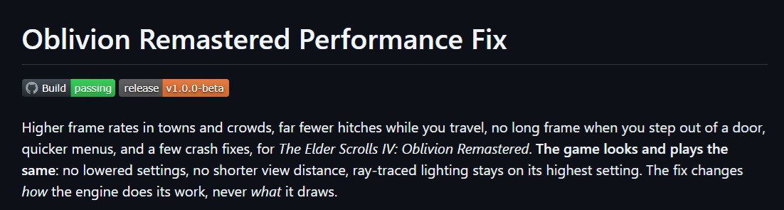 Capture d'écran montrant le titre 'Oblivion Remastered Performance Fix' avec des badges 'build passing' et 'release v1.0.0-beta' et un texte détaillant les améliorations de performances pour 'The Elder Scrolls IV: Oblivion Remastered' sans altérer les visuels.