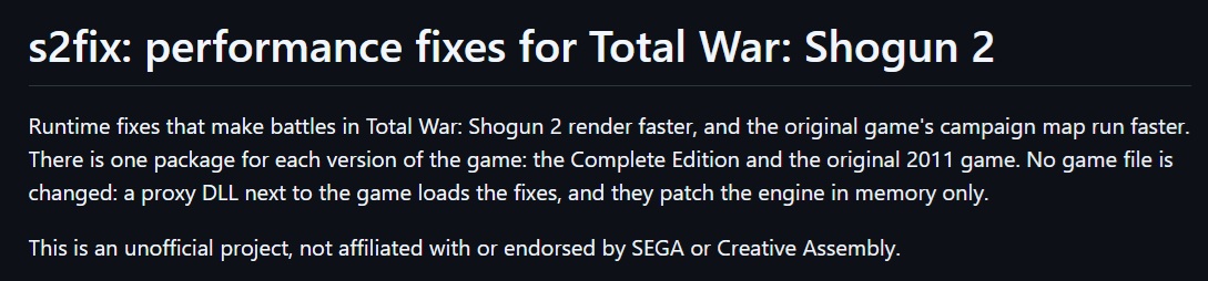 Page web présentant le mod s2fix : correctifs de performance pour Total War: Shogun 2, avec des paquets séparés pour l'édition complète et le jeu de 2011.