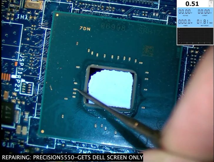 A close-up of a circuit board with a tool pointing at a chip labeled 7DN, alongside a diagnostic screen showing '0.51' voltage and 'REPAIRING: PRECISION5550-GETS DELL SCREEN ONLY'.