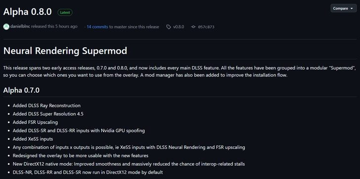 Page de release GitHub pour 'Neural Rendering Supermod' version Alpha 0.8.0.