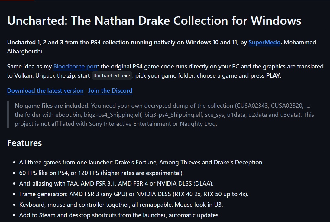 Une page web intitulée 'Uncharted: The Nathan Drake Collection for Windows' décrit comment exécuter les jeux Uncharted 1, 2 et 3 de la collection PS4 sur Windows 10 et 11.