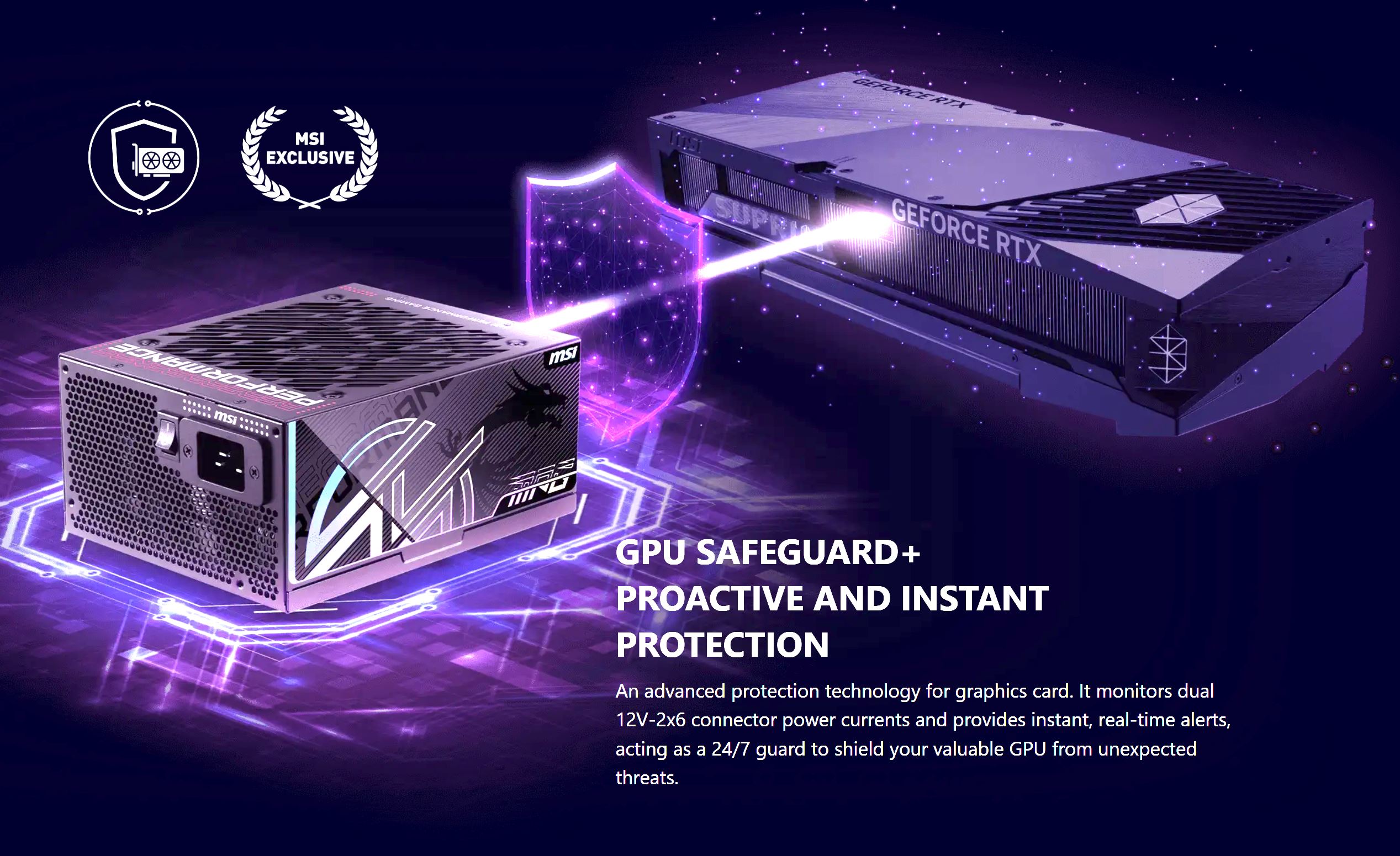 Une alimentation MSI connectée à une carte graphique MSI GeForce RTX, avec le texte 'GPU Safeguard+' mettant en avant une technologie de protection proactive et instantanée.