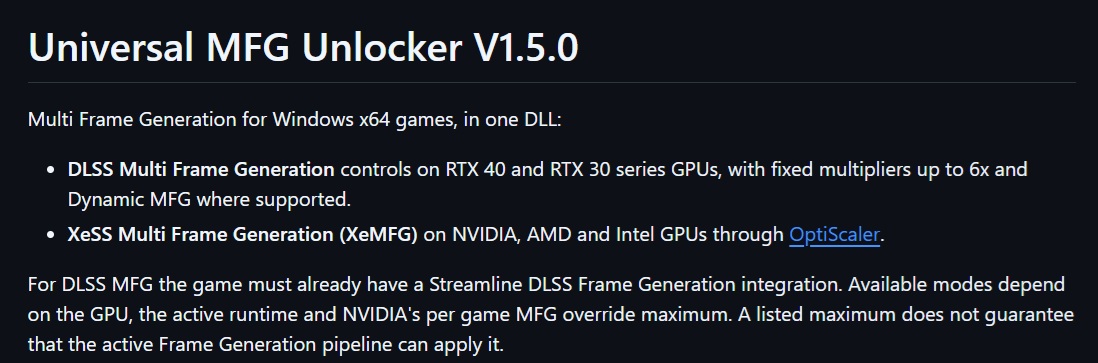 The image displays text describing Universal MFG Unlocker V1.5.0, highlighting DLSS and XeSS Multi Frame Generation controls for RTX 40/30 series GPUs and others, with a mention of OptiScaler.