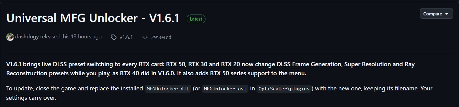 L'interface de Universal MFG Unlocker affiche la version 'V1.6.1' avec des fonctionnalités comme la commutation des préréglages DLSS pour les séries RTX 50, 30 et 20, et le support ajouté pour la série RTX 50.