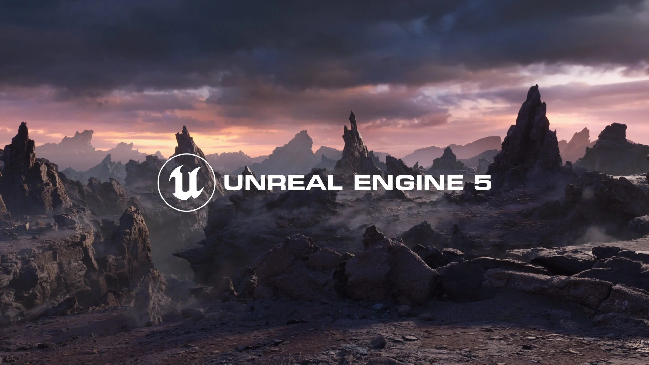 Un paysage alien robuste avec le texte 'Unreal Engine 5' affiché de manière proéminente.