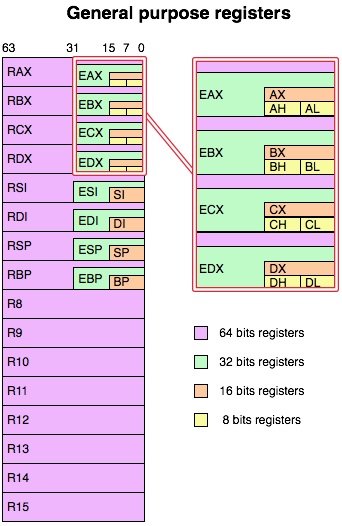 Diagramme des registres à usage général x86-64 avec les portions 64, 32, 16 et 8 bits
