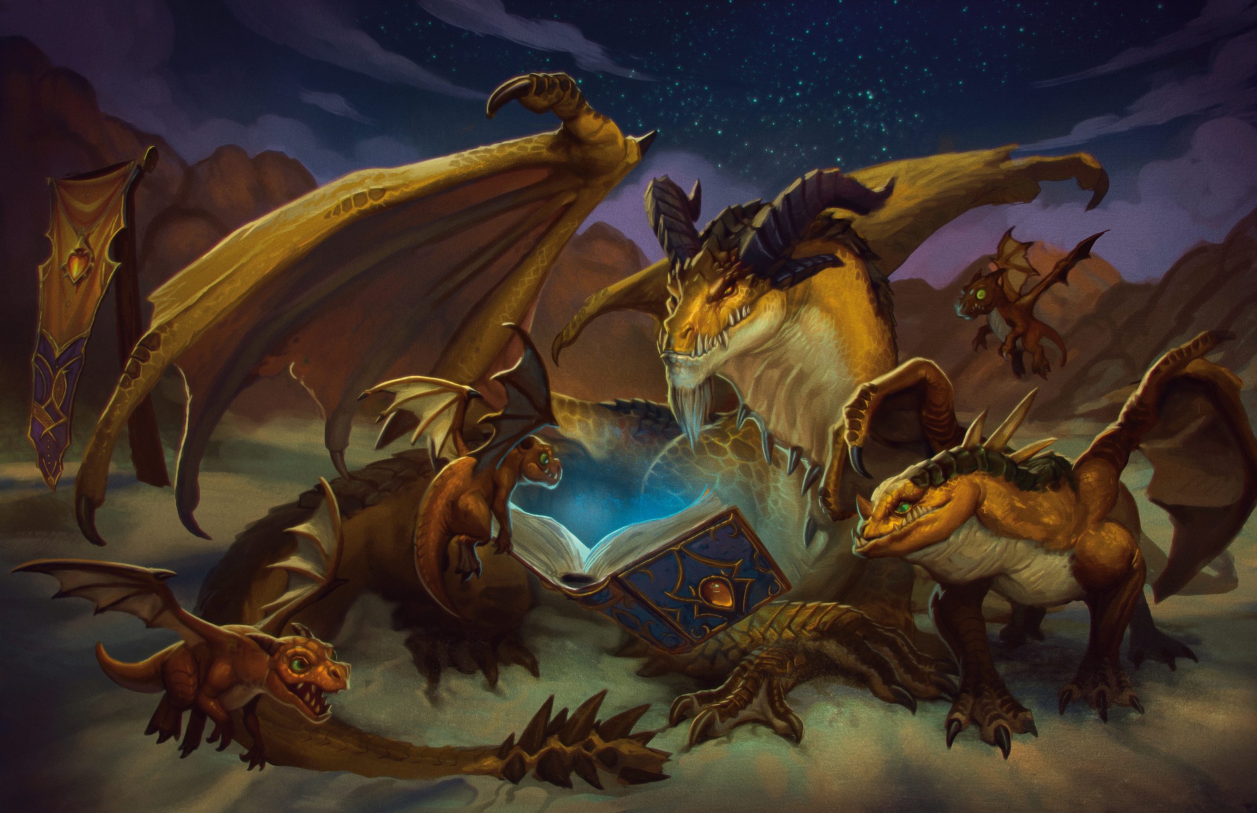 A group of dragons gathering around an open, glowing magical book set in a mystical outdoor landscape.