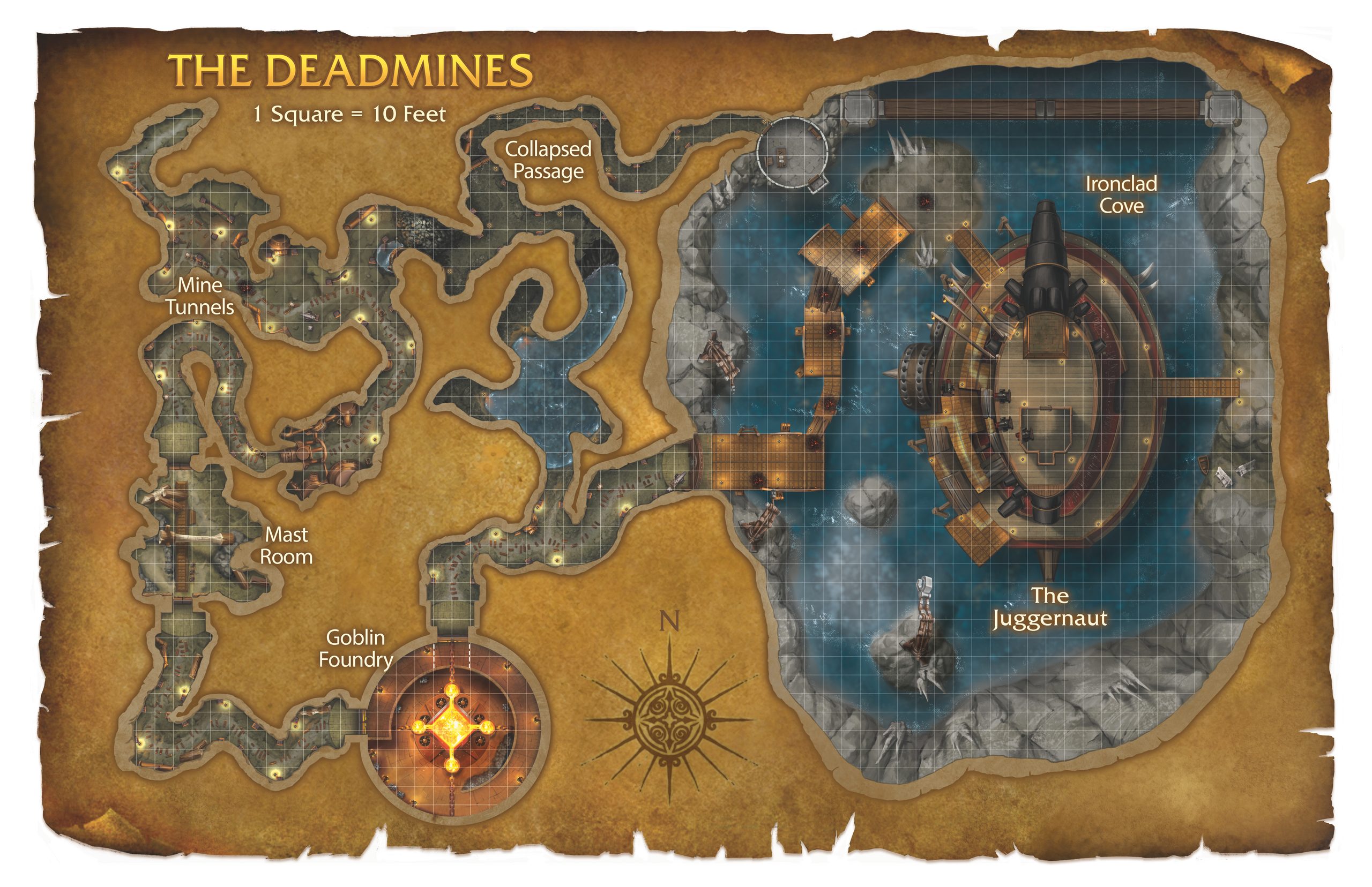 Carte détaillée des Mortemines avec des zones comme les Tunnels de la mine, la Fonderie des Gobelins et la Crique du Cuirassé.