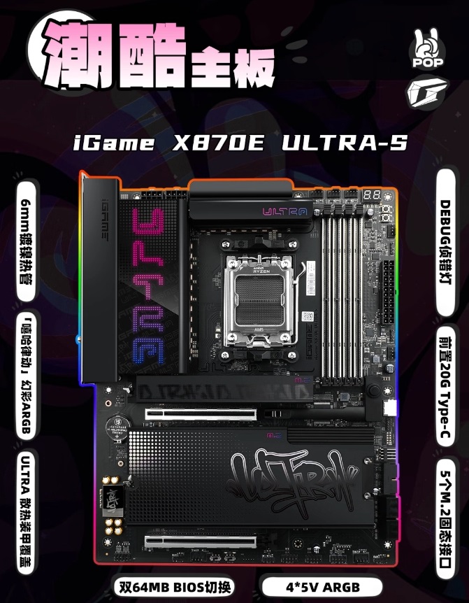 La carte mère iGame X870E Ultra-S avec la marque 'ULTRA' et diverses fonctionnalités étiquetées, dont un heat pipe de '6mm' et un port '20G Type-C'.